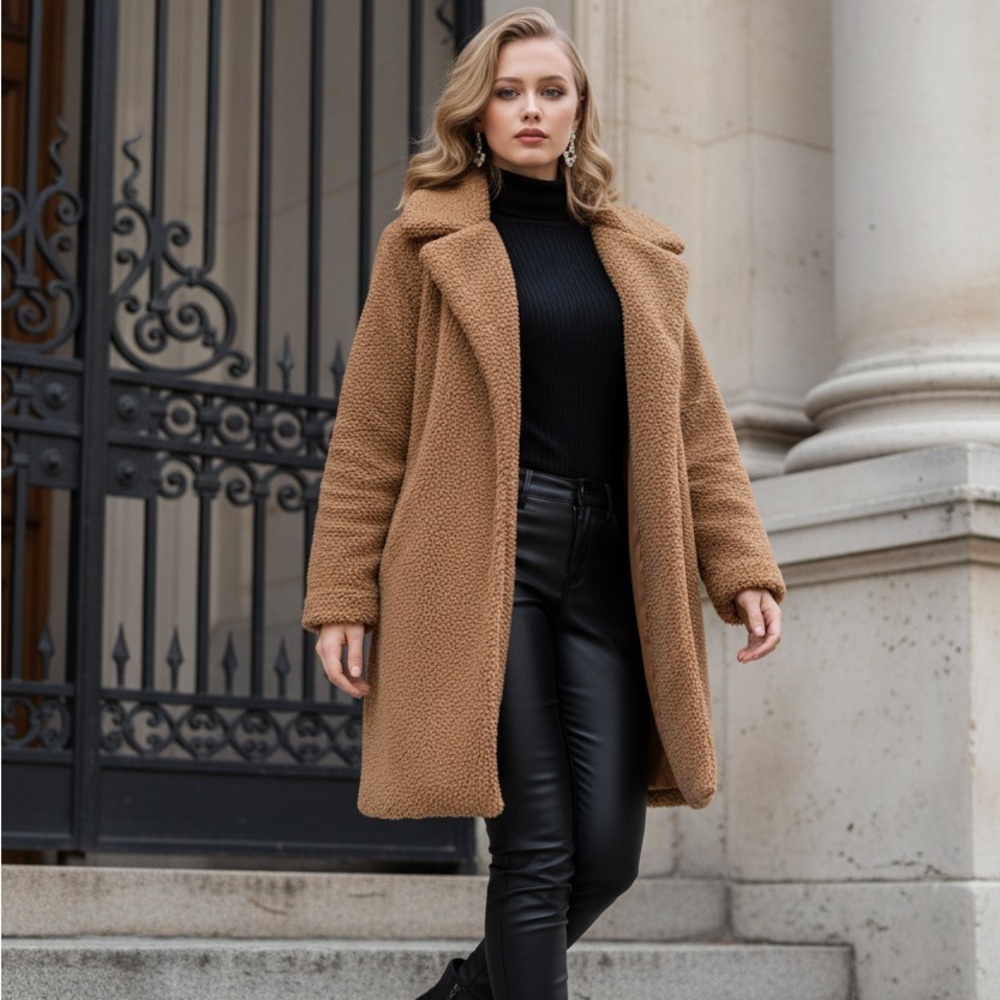 KATE & SAM Women’s Medium Faux Fur Super Soft Teddy Bear Brown Coat Pockets EUC